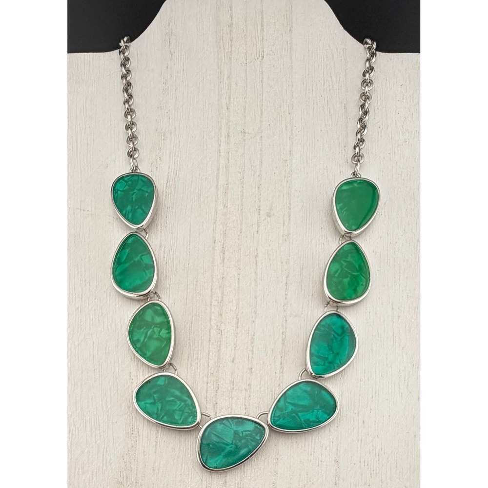 Green Statement Bib Necklace Geometric Abstract‎ Teardrop Silver Tone 17-19"